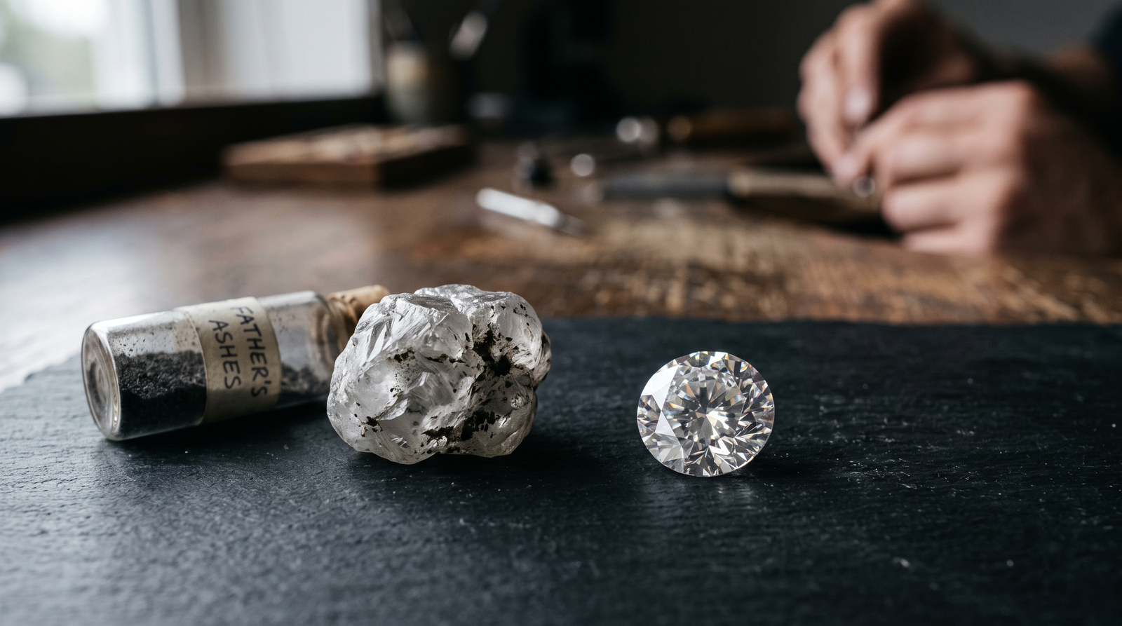 Rough diamond crystal grown from carbon extracted from cremated ashes beside the finished cut stone on a dark surfac