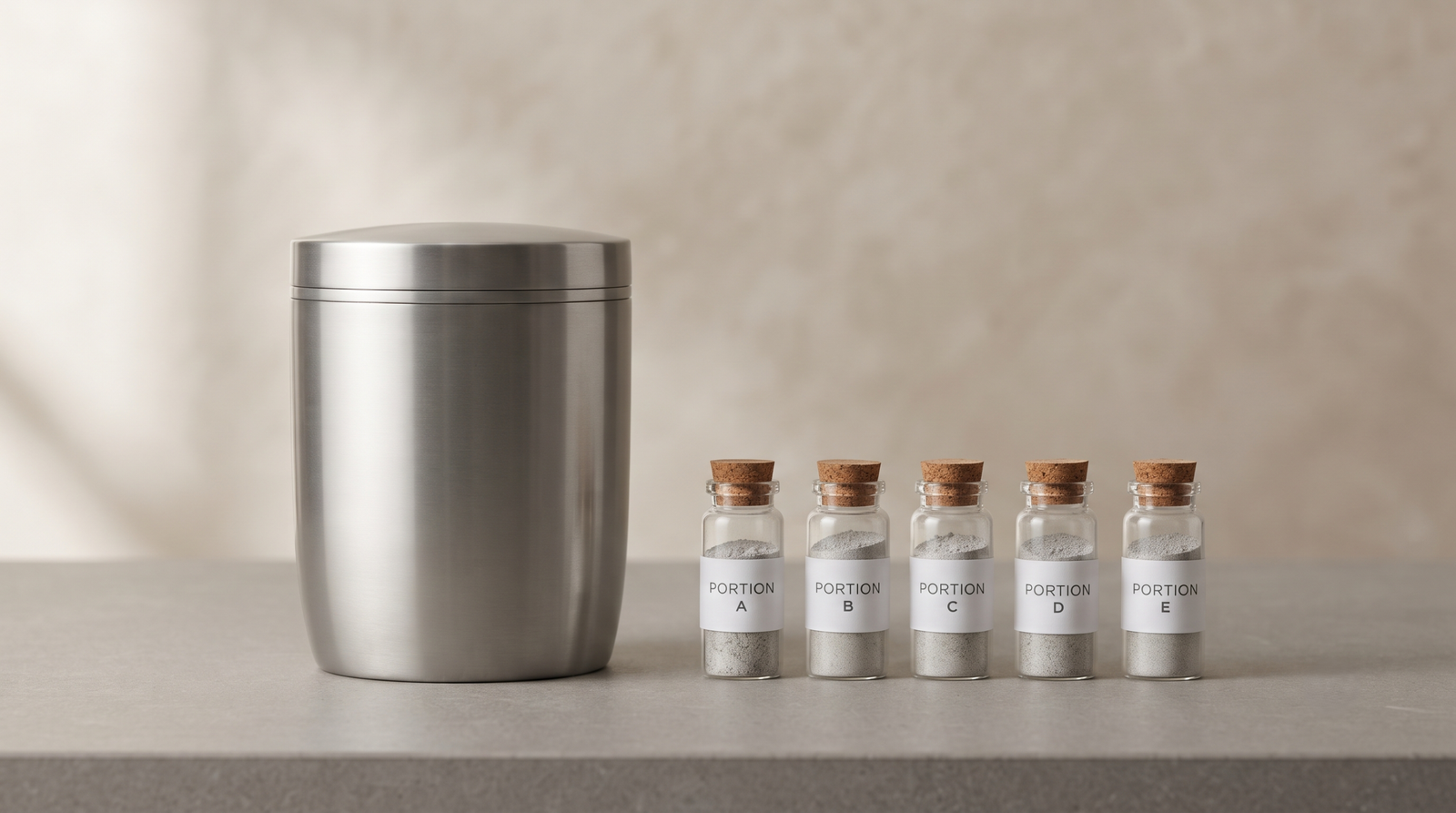 Small labeled sample containers beside a larger urn, each holding a measured portion of cremated remains
