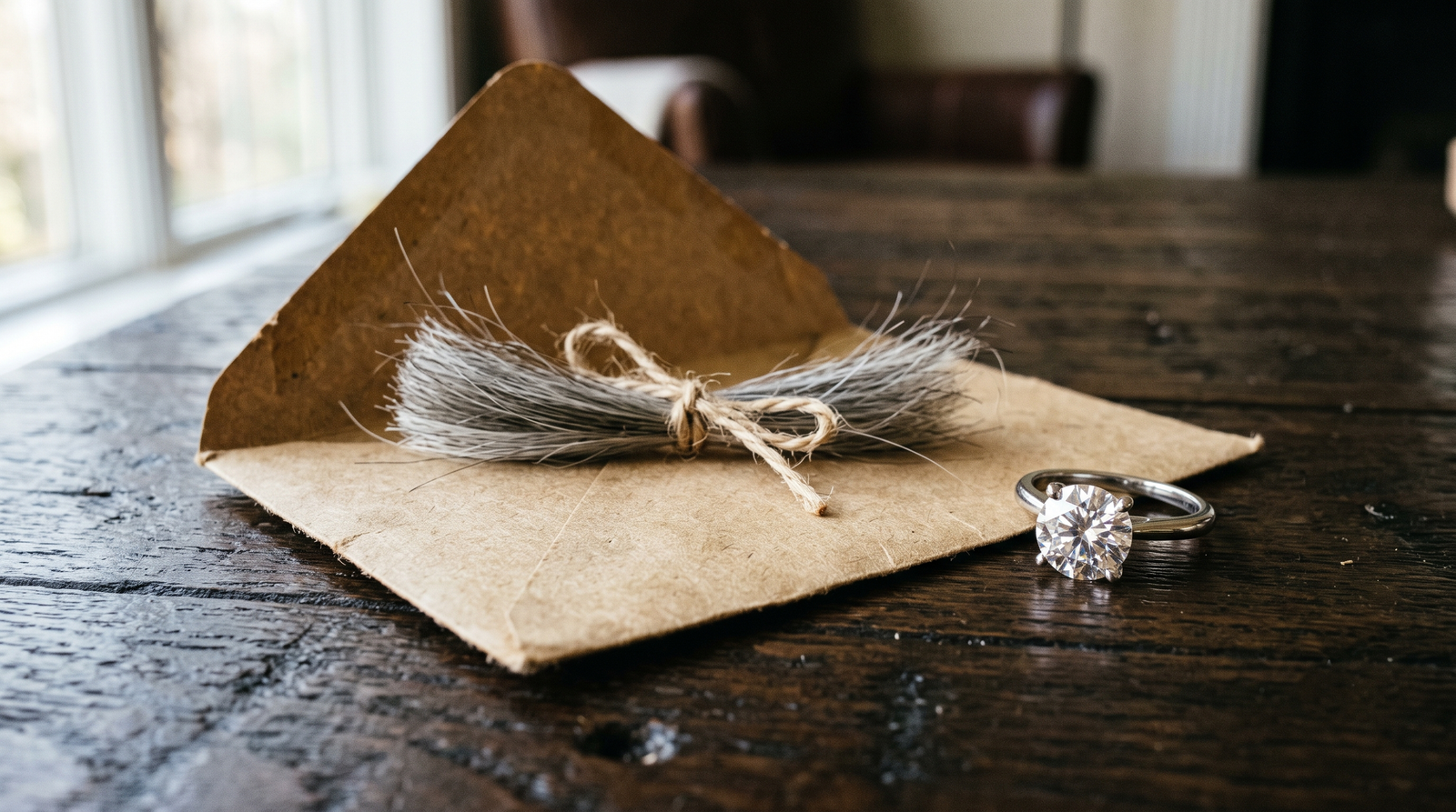 Small bound lock of gray hair in a paper envelope beside a finished lab-grown memorial diamond on a dark wooden surface