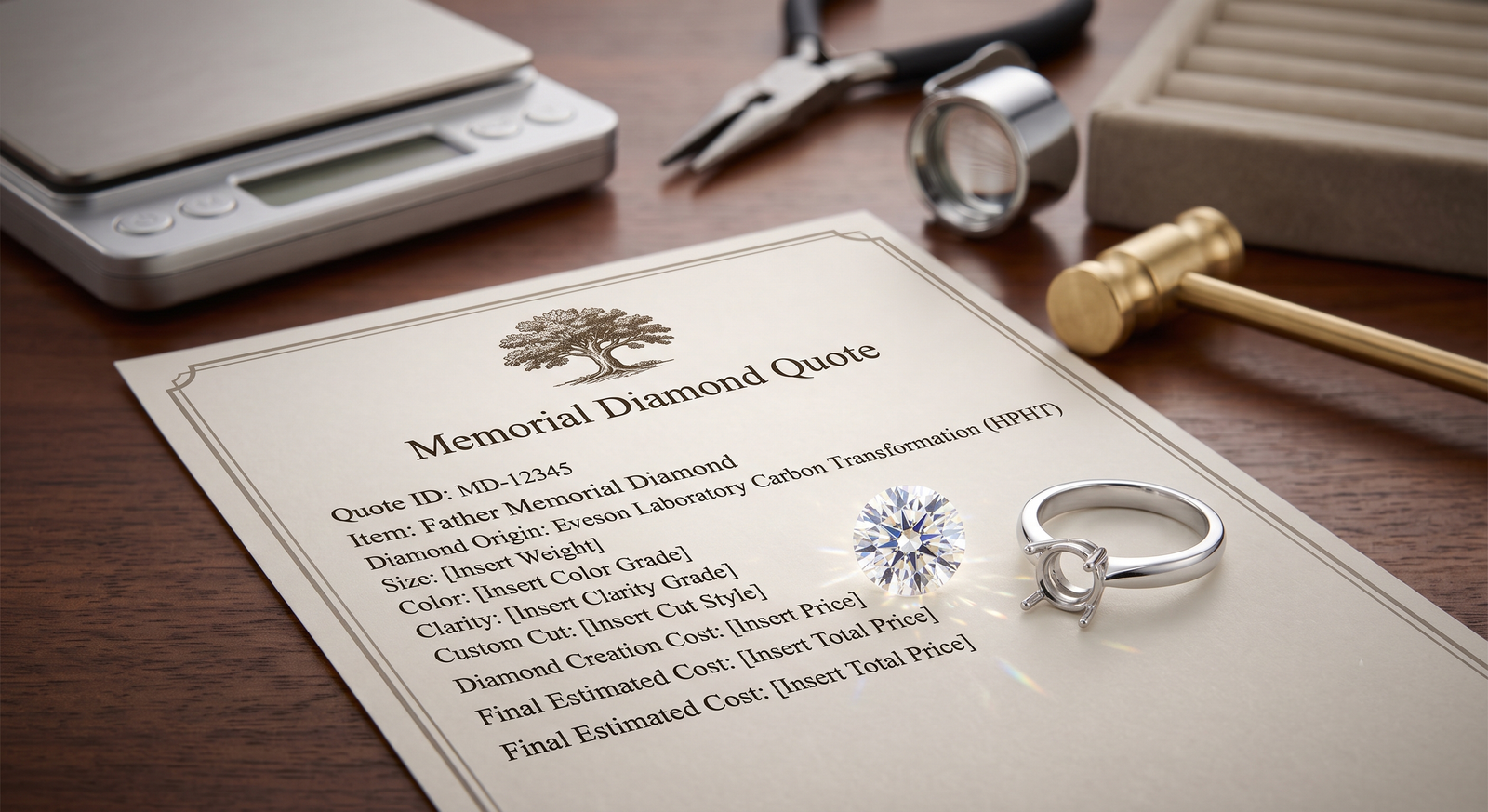 Father memorial diamond cost: a printed eight-line quote beside a loose lab-grown diamond and a plain ring mount