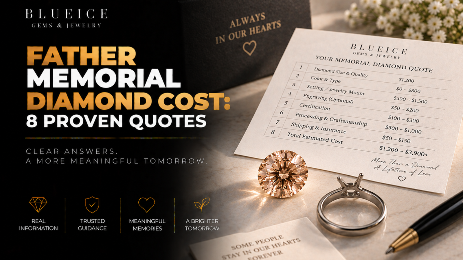 Father memorial diamond cost: a printed eight-line quote beside a loose lab-grown diamond and a plain ring mount