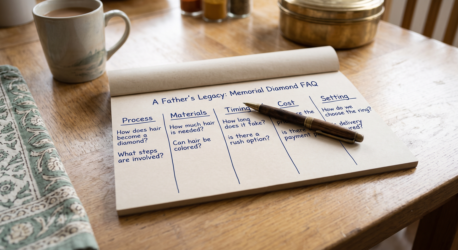 ather memorial diamond FAQ: a handwritten list of questions on a kitchen table, sorted into five columns with a pen resting on it