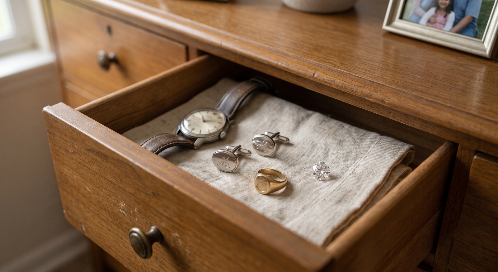 ather memorial diamond ideas: an open drawer holding a man's wristwatch, cufflinks and a signet ring, with a small loose lab-grown diamond beside them