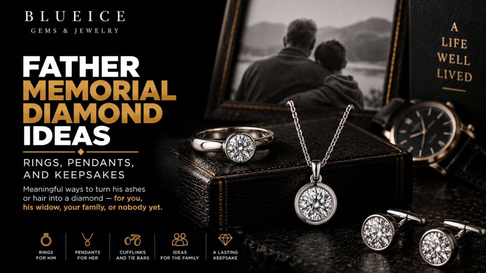 Father memorial diamond ideas featuring rings, pendants, cufflinks, a watch, and meaningful keepsakes