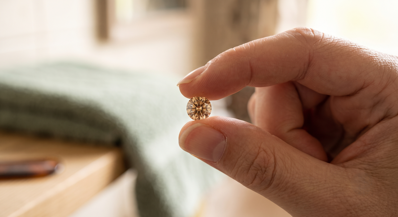 A small champagne-toned lab-grown memorial diamond held between finger and thumb in daylight