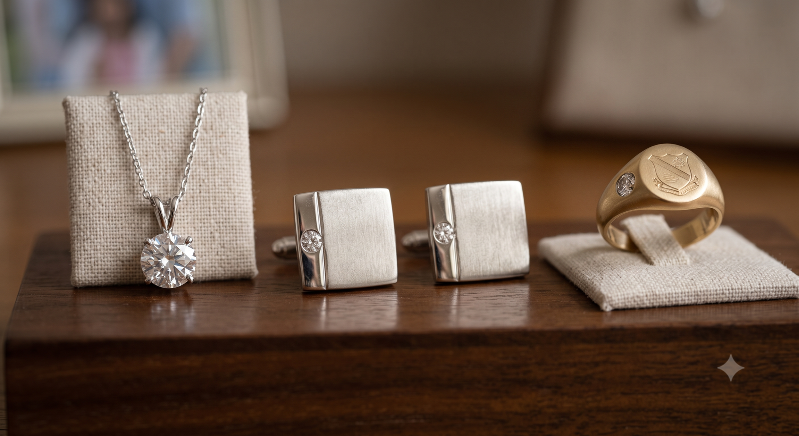 Memorial diamond shown three ways as a pendant, as a pair of cufflinks and set into a signet ring shoulder