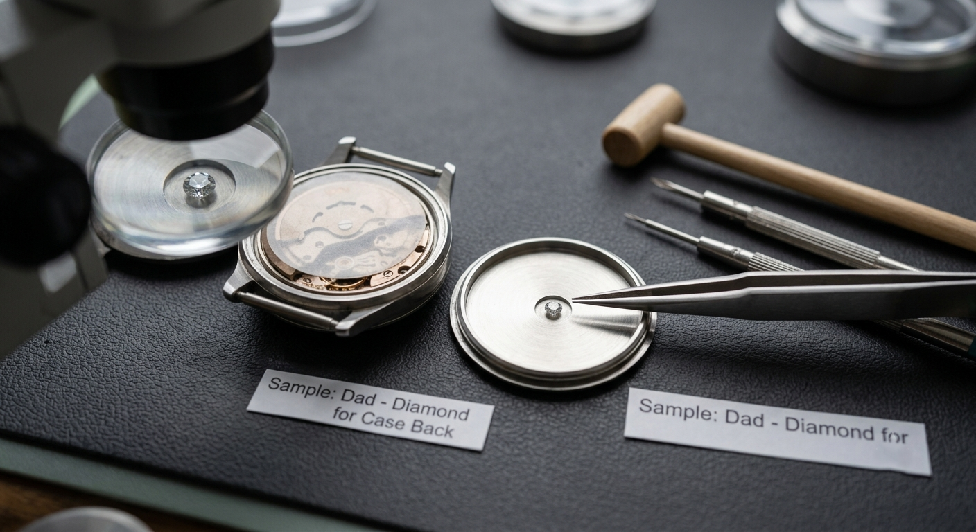 Watch case back opened on a bench mat with a small diamond positioned for mounting