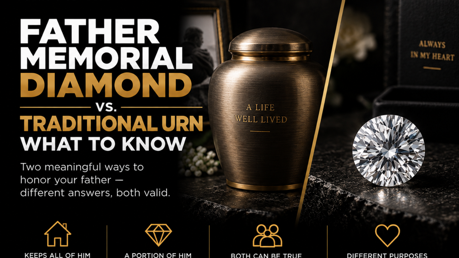 Father memorial diamond compared with a traditional urn showing two meaningful ways to honor a father
