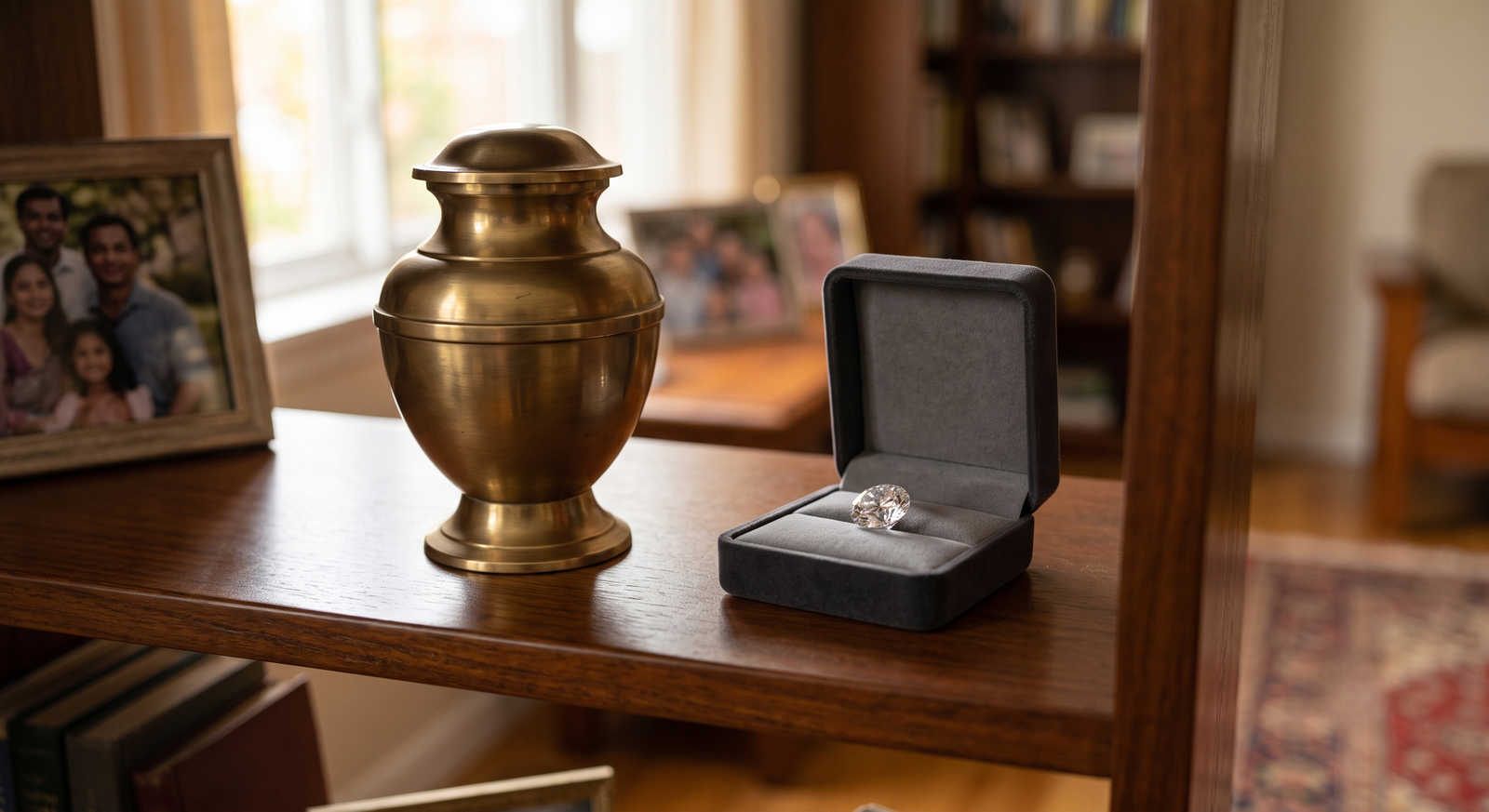 A traditional urn on a living-room shelf beside a small open case holding a lab-grown memorial diamond
