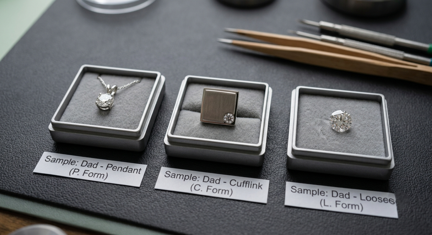 Three memorial diamonds of slightly different tones, one hung as a pendant, one set in a cufflink and one loose in its case
