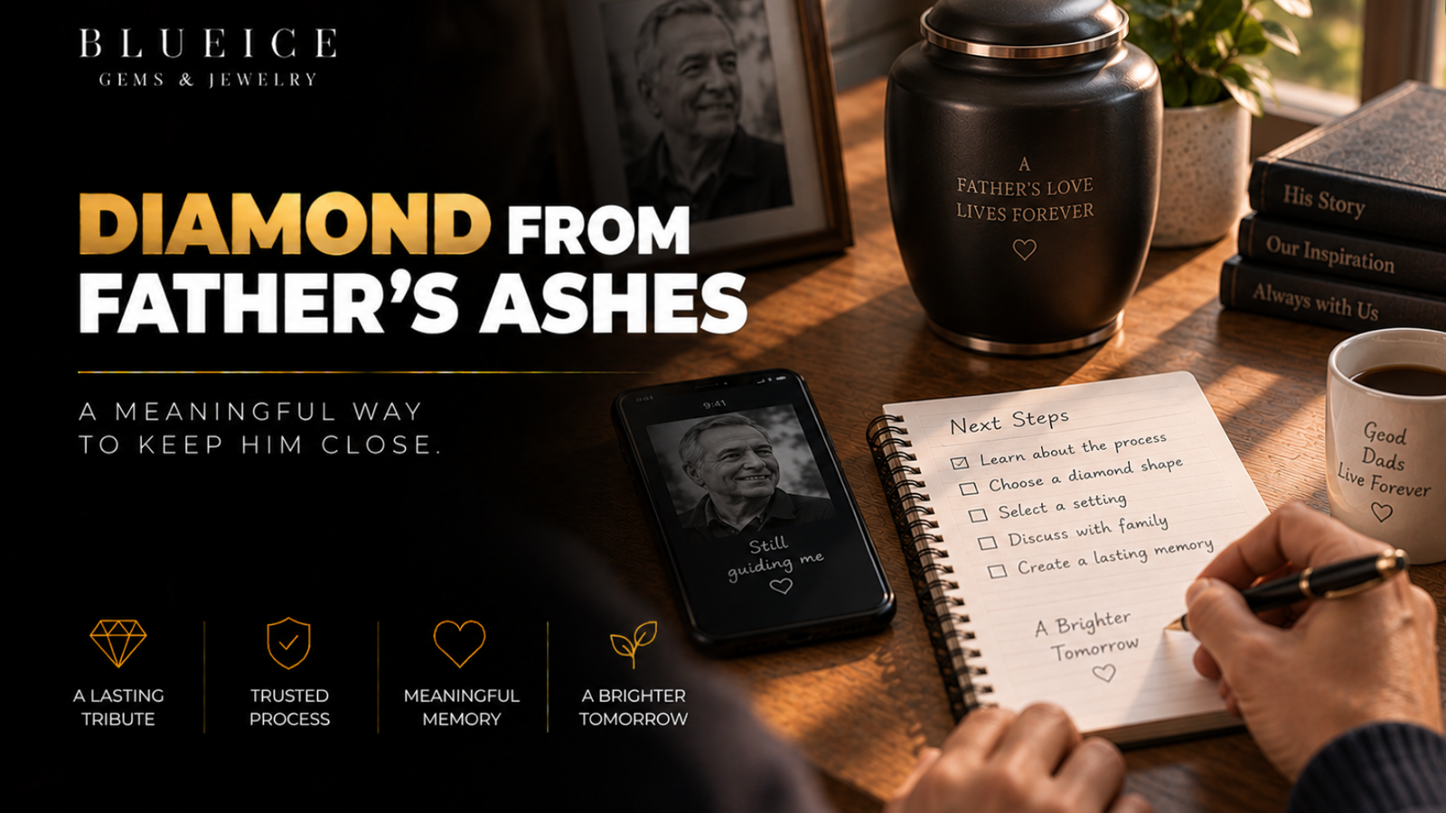 Desk with a phone, a notepad and a closed cremation urn set to one side, the notepad in use