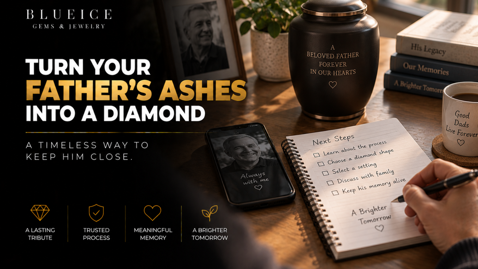 Desk with a phone, a notepad and a closed cremation urn set to one side, the notepad in use