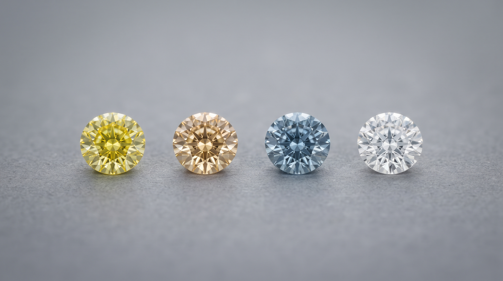 Four loose lab-grown diamonds in a row  yellow, champagne, blue and colorless on gray card