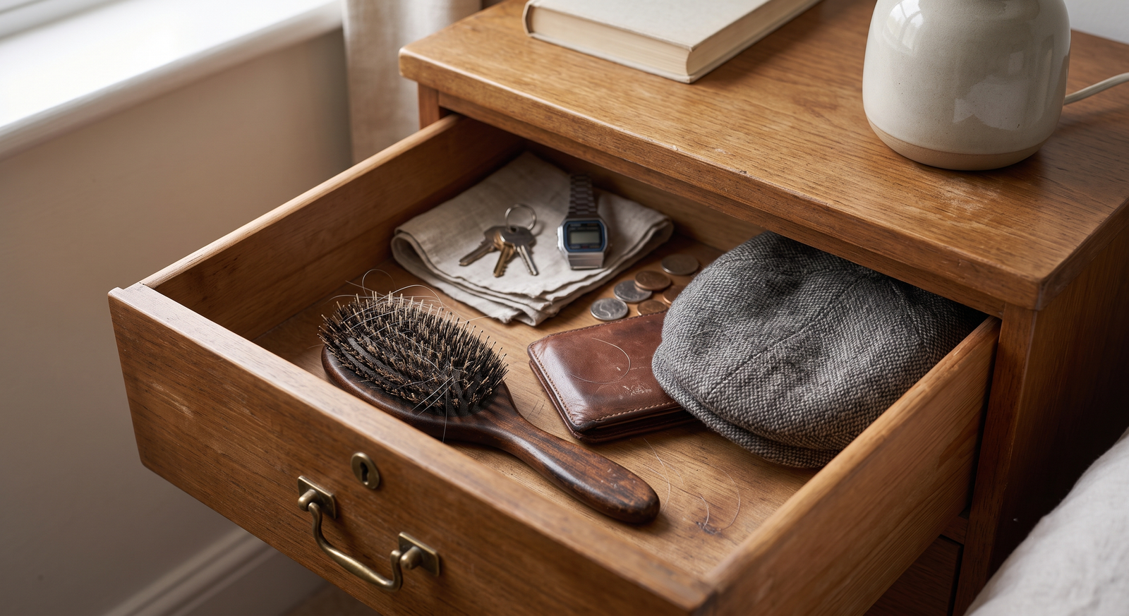 A bedside drawer open with a hairbrush, a wallet and a flat cap laid out — the ordinary places a father's hair is found