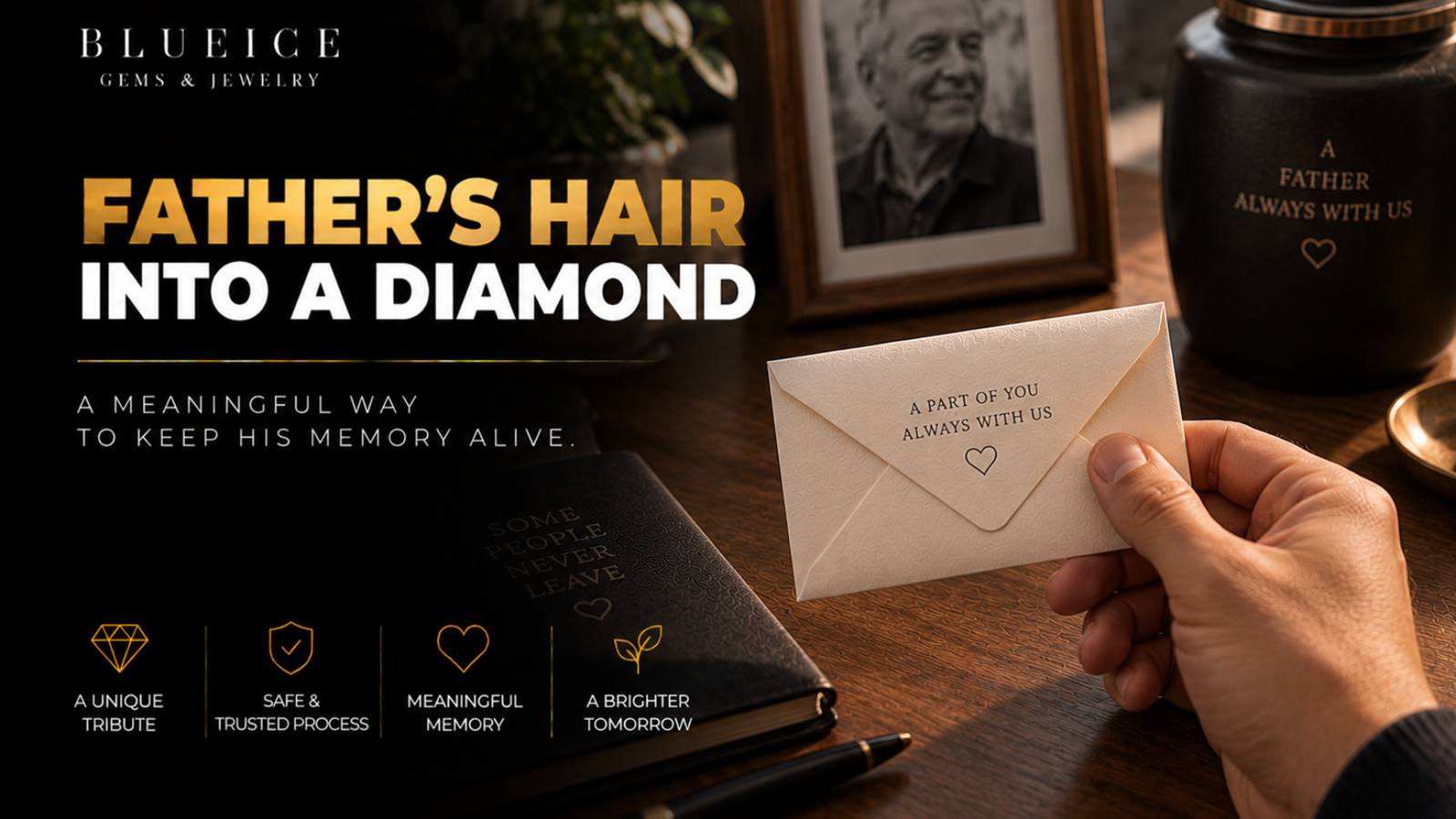 Hand holding a small folded paper envelope of hair on a wooden table, unopened