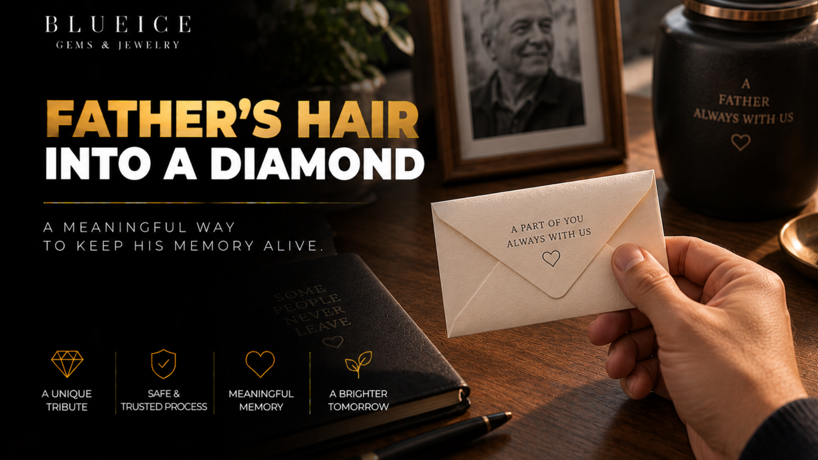 Hand holding a small folded paper envelope of hair on a wooden table, unopened