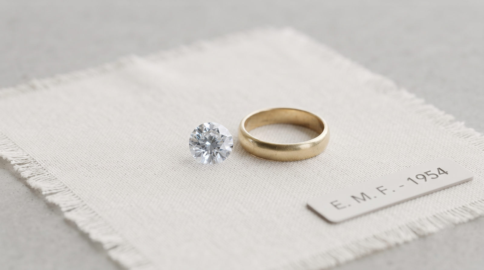 Loose memorial diamond resting beside a worn gold wedding band on a jeweller's cloth