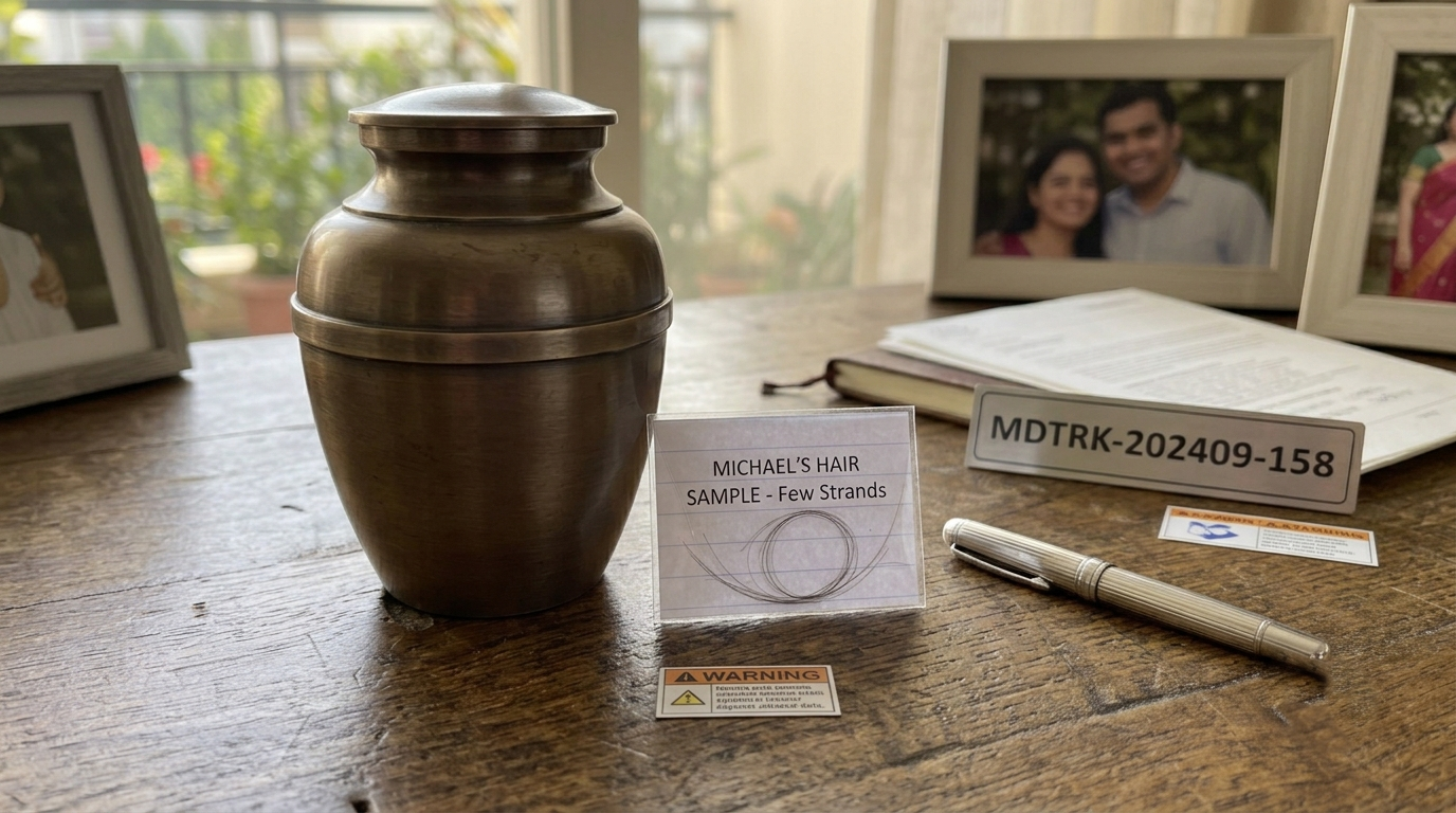 A paper envelope holding only a few strands of hair next to a full urn