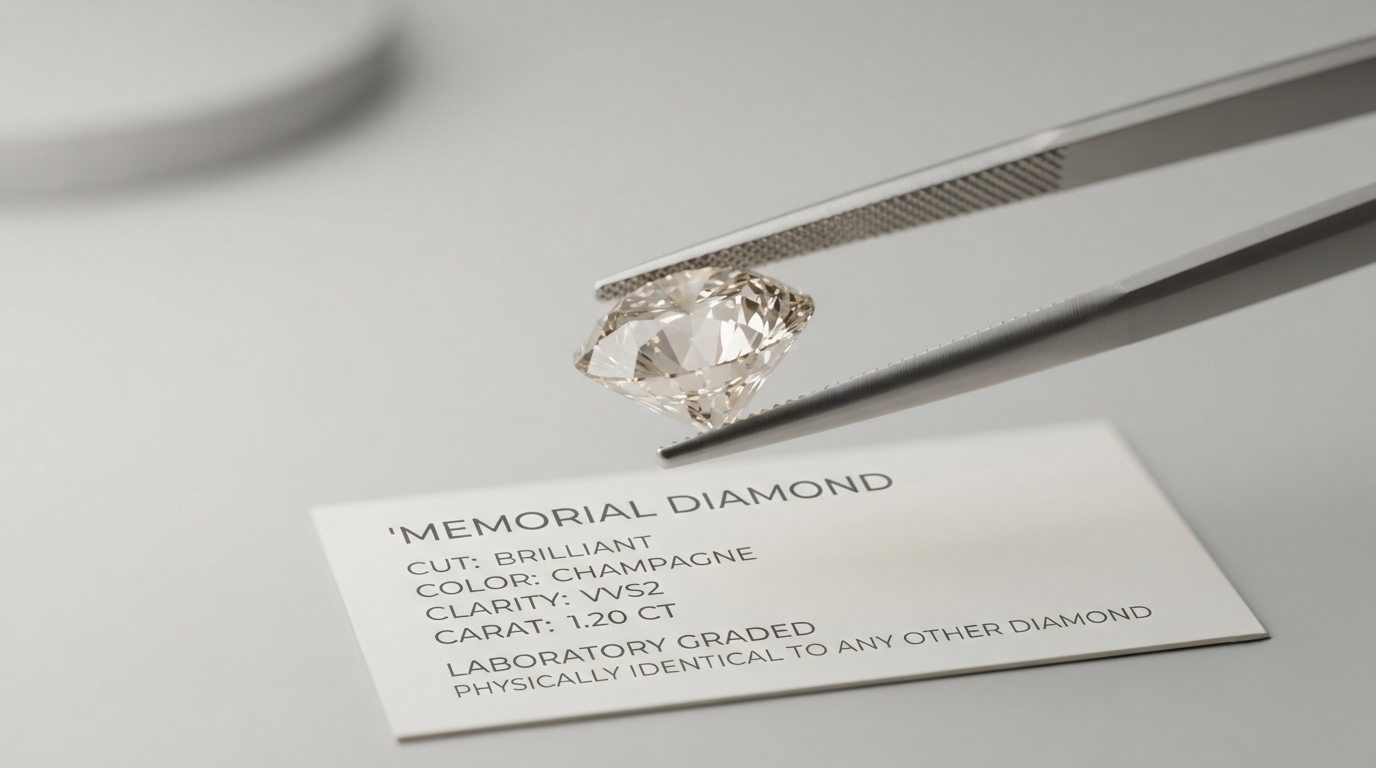 A polished memorial diamond held in gemmological tweezers, a stone graded on the same four Cs as any other diamond