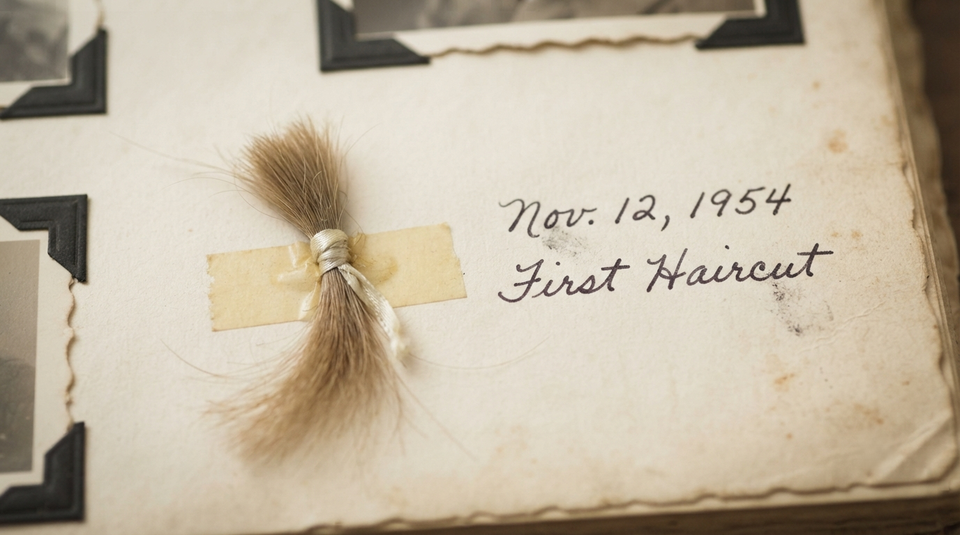 A lock of hair taped into the page of an old family album beside handwritten dates
