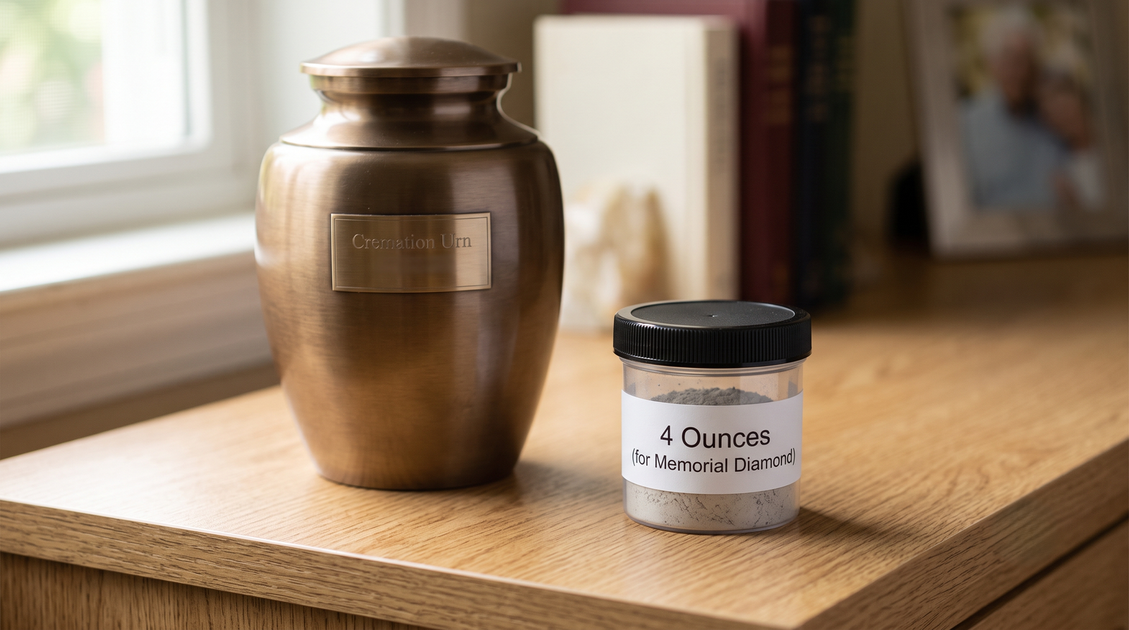 A small labelled container of cremated remains next to a full-size urn, showing the difference in scale