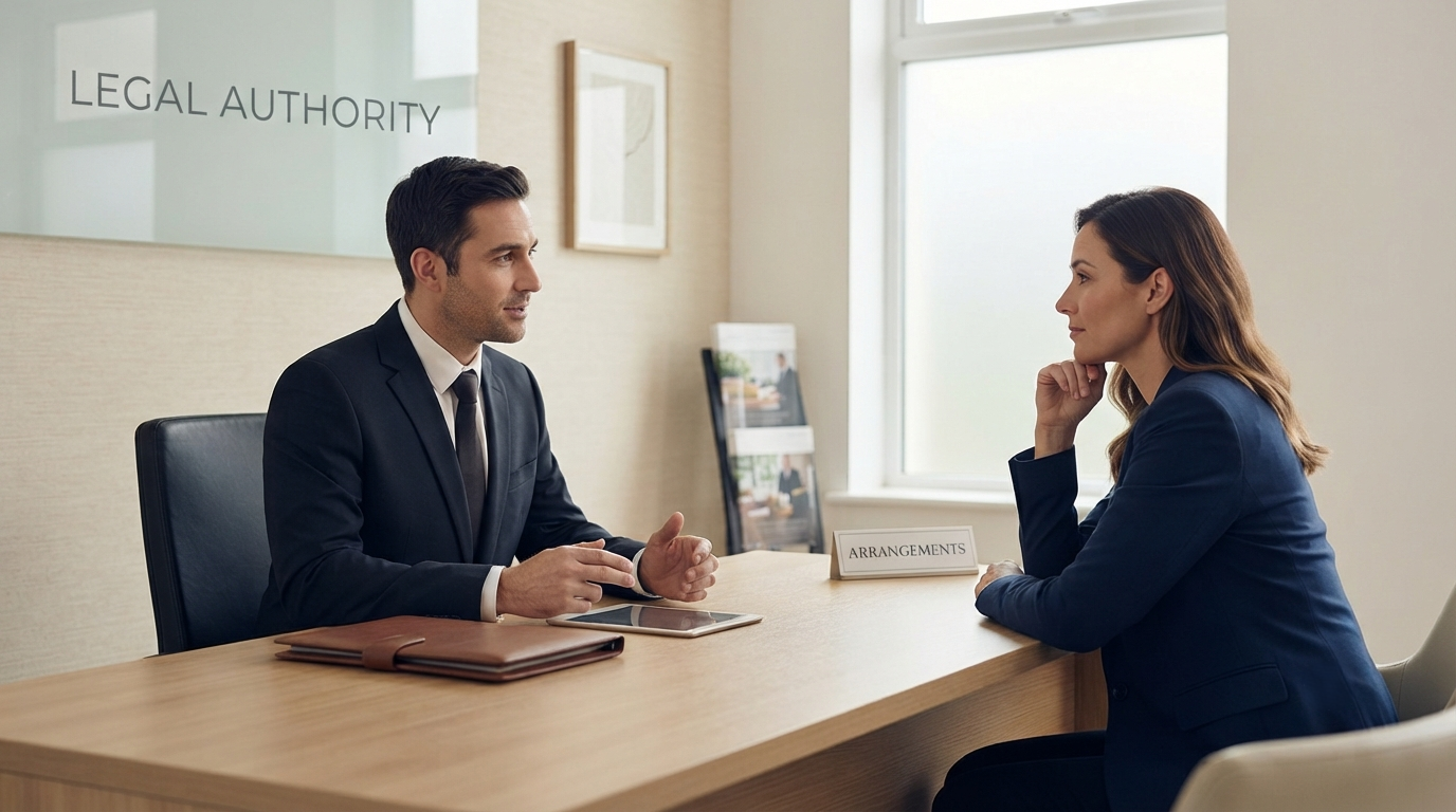 A funeral director talking with a visitor across a desk, illustrating finding out who holds legal authority over remains
