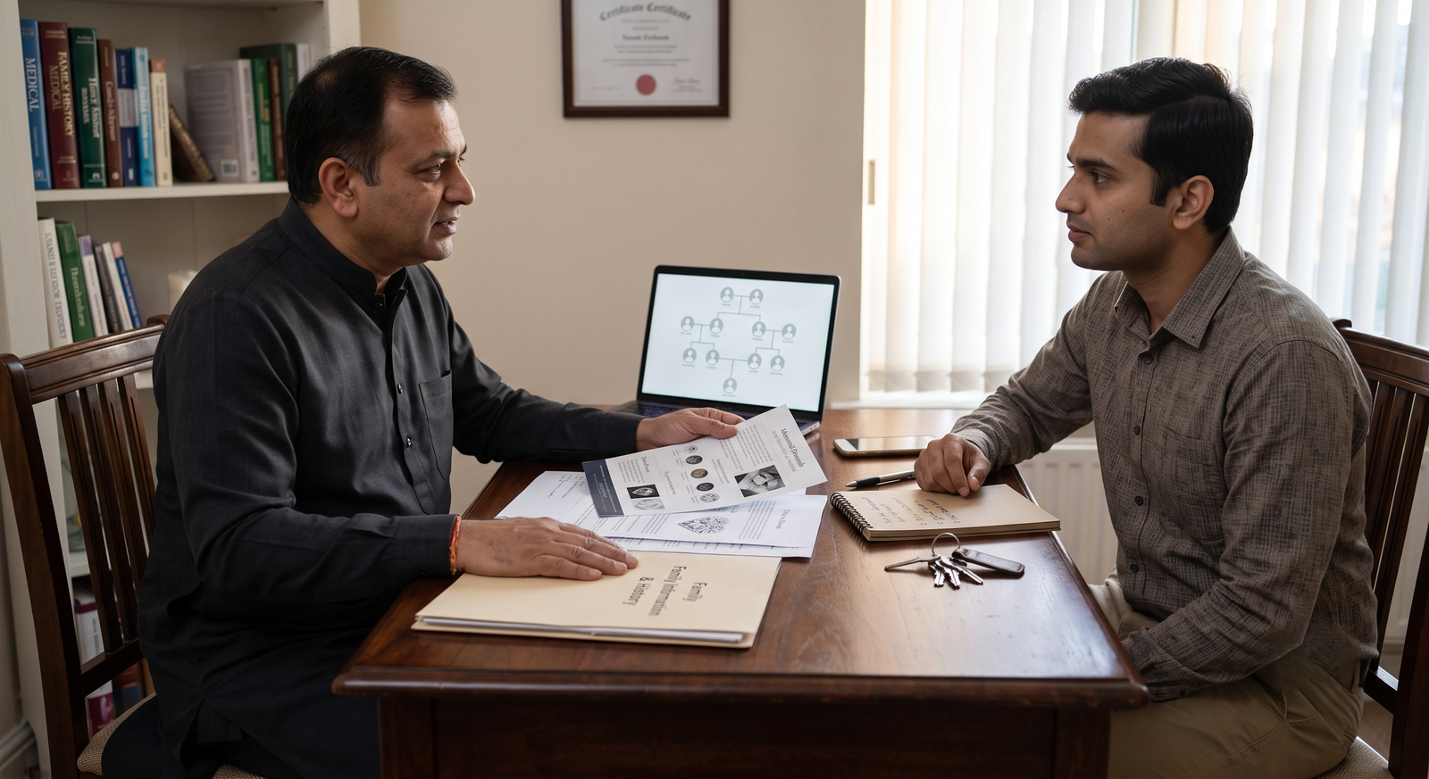 A funeral director talking across a desk with an adult son, paperwork between them
