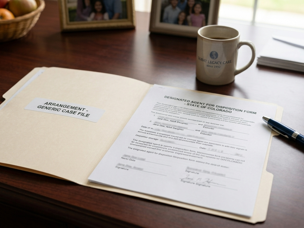 A funeral home file folder with a disposition form and a pen | Stock acceptable; no legible names 