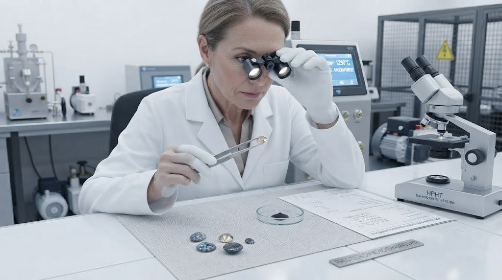 A gemologist examining a finished lab-grown diamond through a loupe at a grading bench 