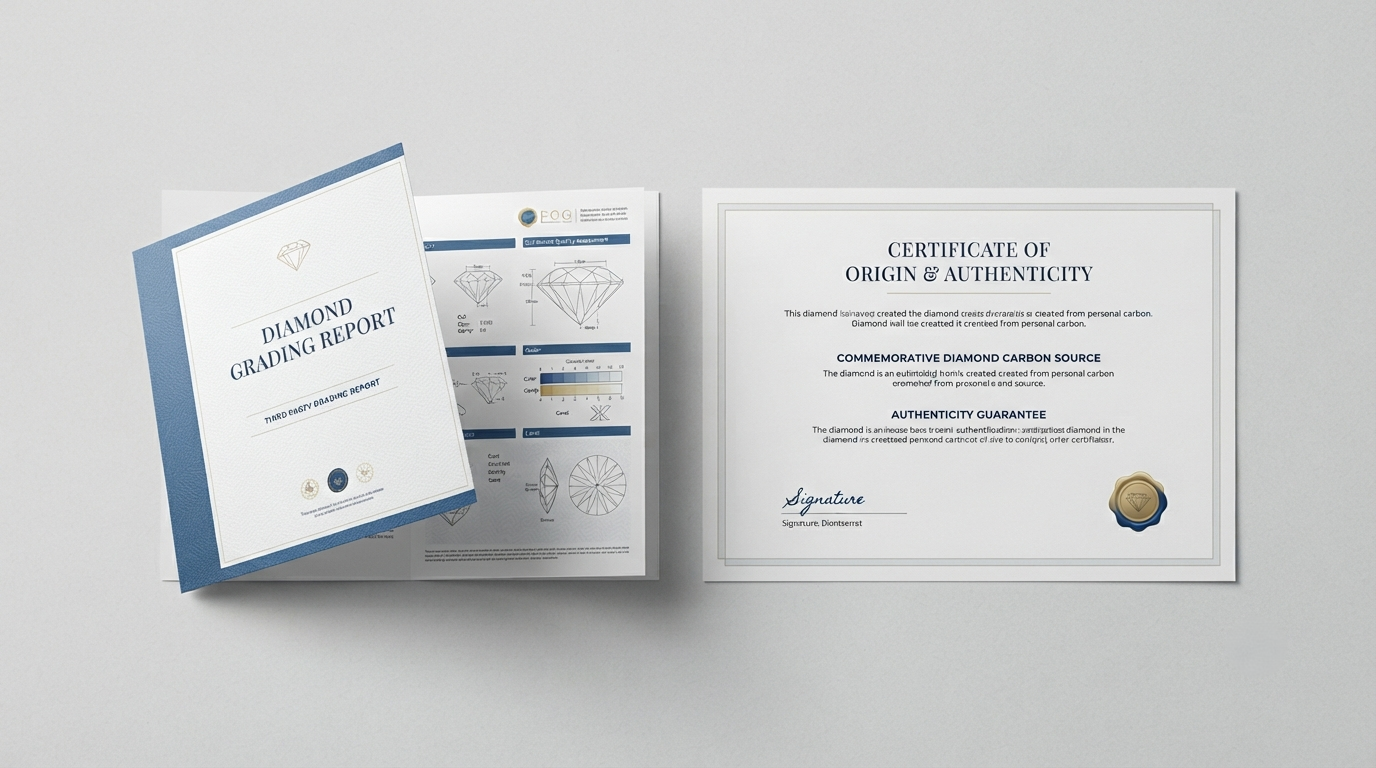 A third-party diamond grading report laid beside a separate in-house origin and authenticity certificate