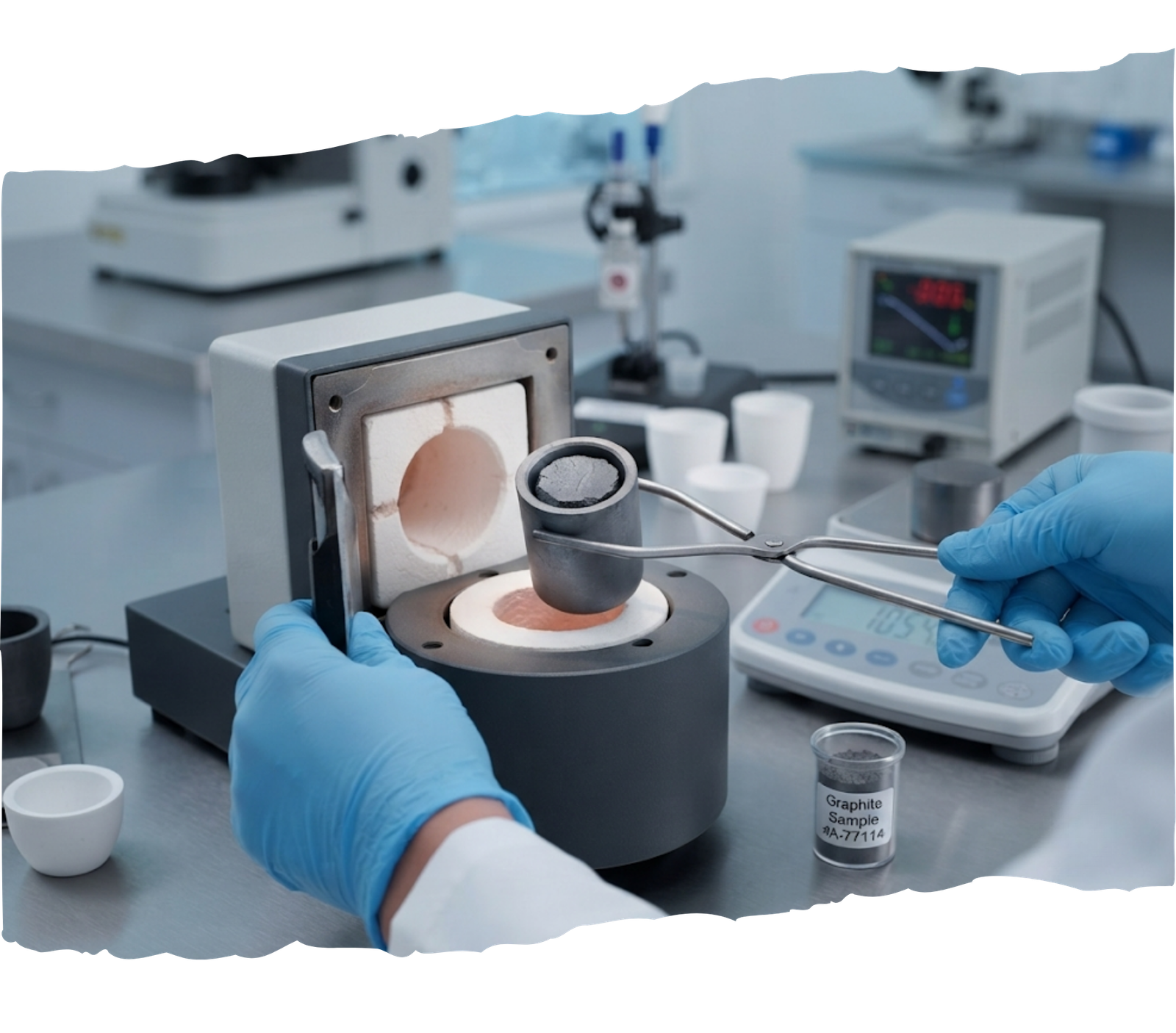 A laboratory technician using tools to handle a purified graphite sample prepared for cremation diamond synthesis.