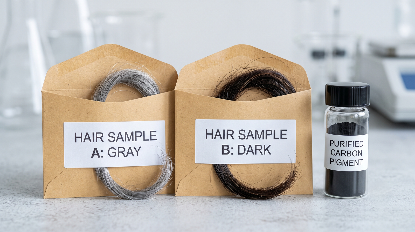  Two labelled envelopes, one holding gray hair and one dark hair, beside a small vial of black purified carbon