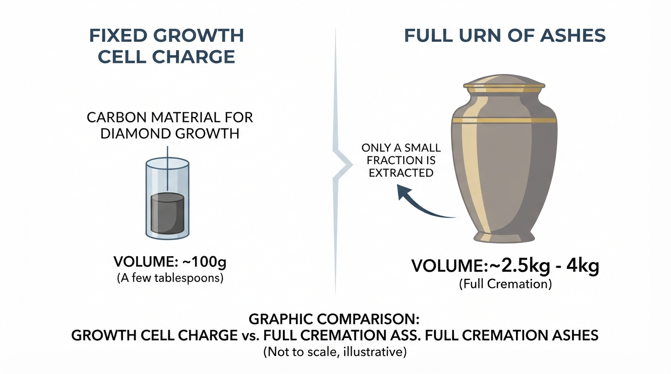 Explanatory graphic comparing the fixed volume of a growth cell charge with the much larger volume of a full urn of ashes
