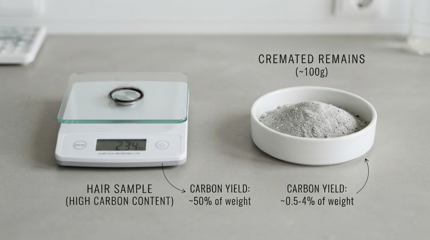 A few grams of hair on a gram scale beside a larger dish of cremated remains, illustrating the difference in carbon content