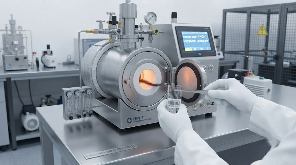 A sealed laboratory furnace used to heat material in an oxygen-free environment