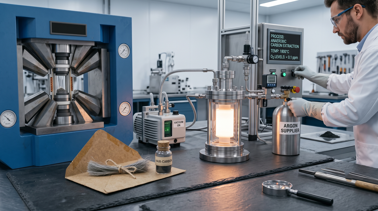 Sealed high-temperature furnace used to extract and purify carbon from hair in an oxygen-free process