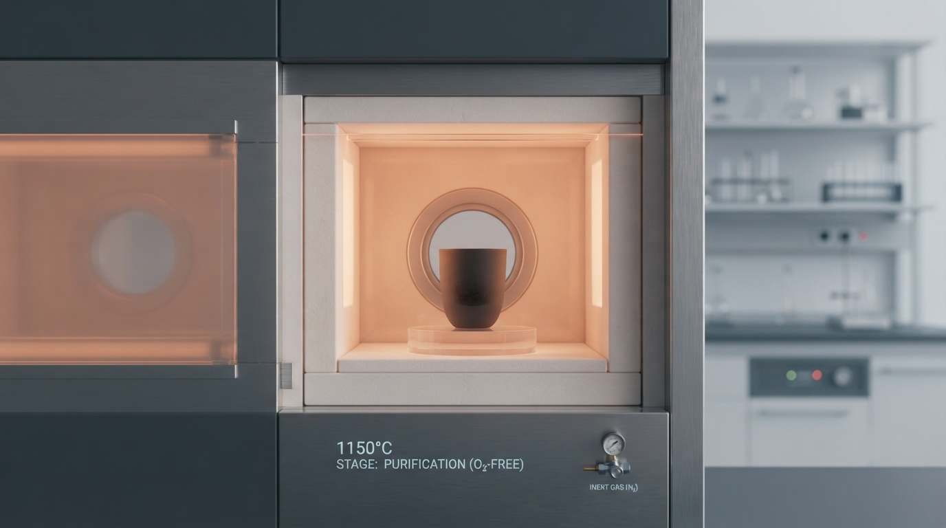 Laboratory crucible in a furnace during the oxygen-free purification stage that reduces hair to carbon