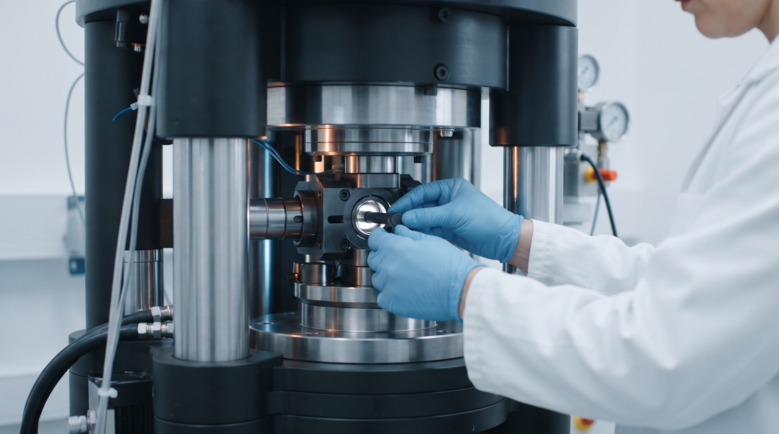 Technician placing a graphite capsule into an HPHT diamond-growth press