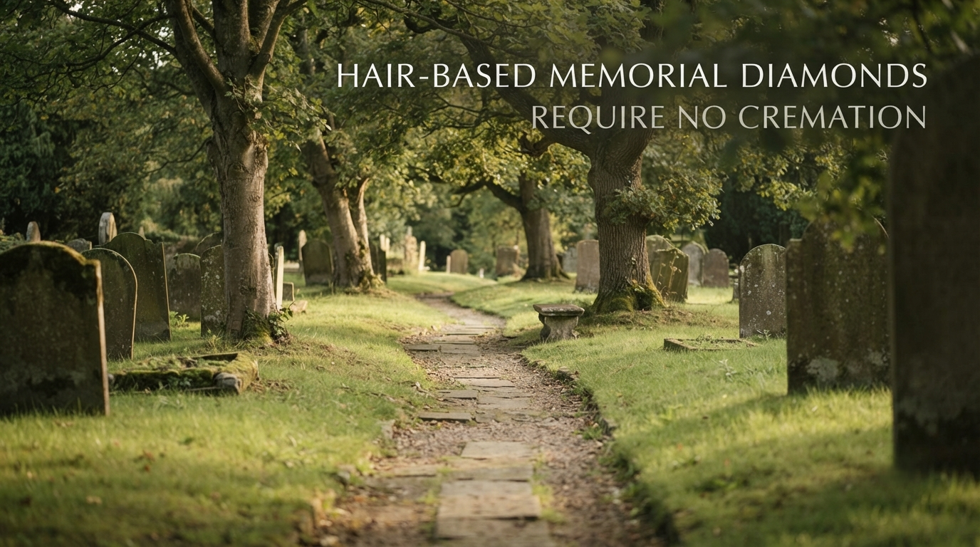 A quiet cemetery path, illustrating that a hair-based memorial diamond requires no cremation