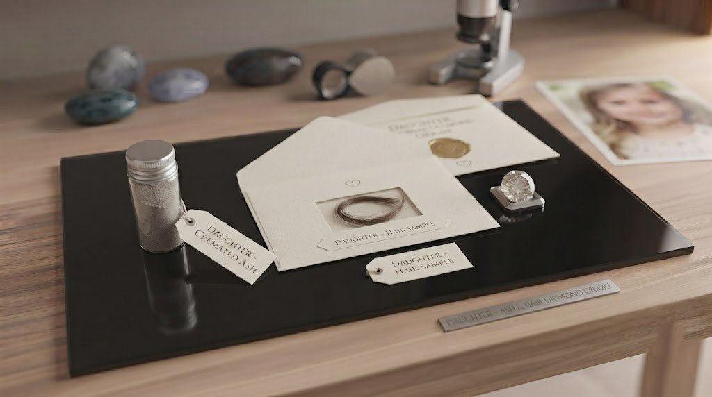 A small lock of hair for a daughter memorial diamond resting in an open paper envelope beside a finished lab-grown stone