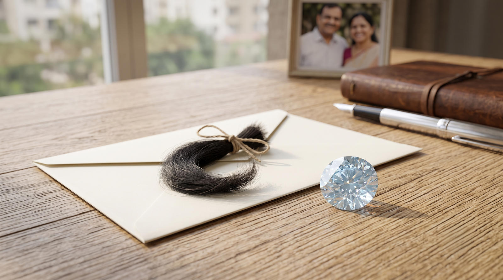 Hair for a husband memorial diamond: a small lock of dark hair on a folded paper envelope beside a pale blue lab-grown