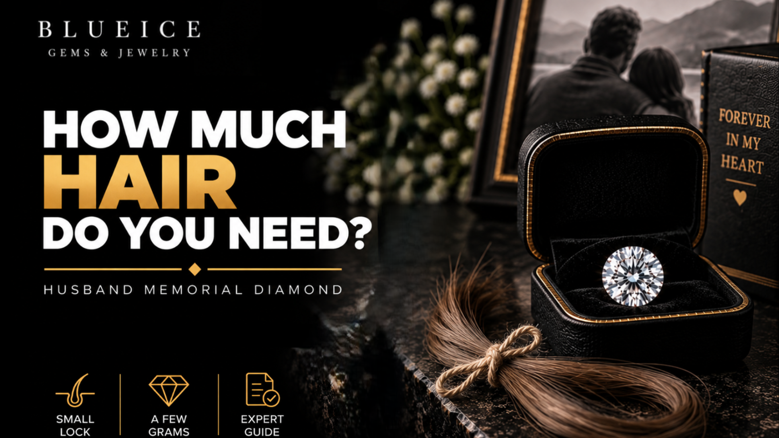Hair for a husband memorial diamond showing a small lock of hair beside a sparkling memorial diamond in a luxury black setting