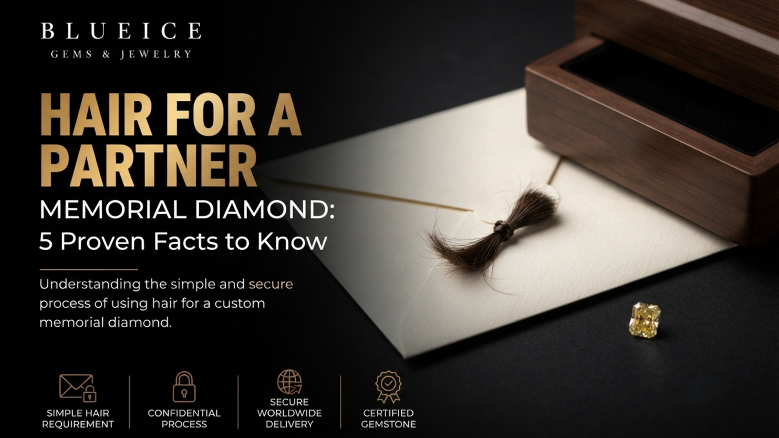 A small tied lock of hair on a paper envelope beside a closed drawer, showing how little hair for a partner memorial diamond is required