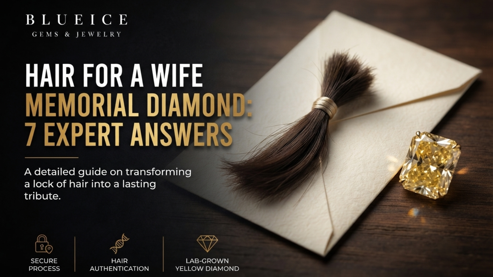 Hair for a wife memorial diamond: a small tied lock of hair on a paper envelope beside a loose yellow lab-grown diamond