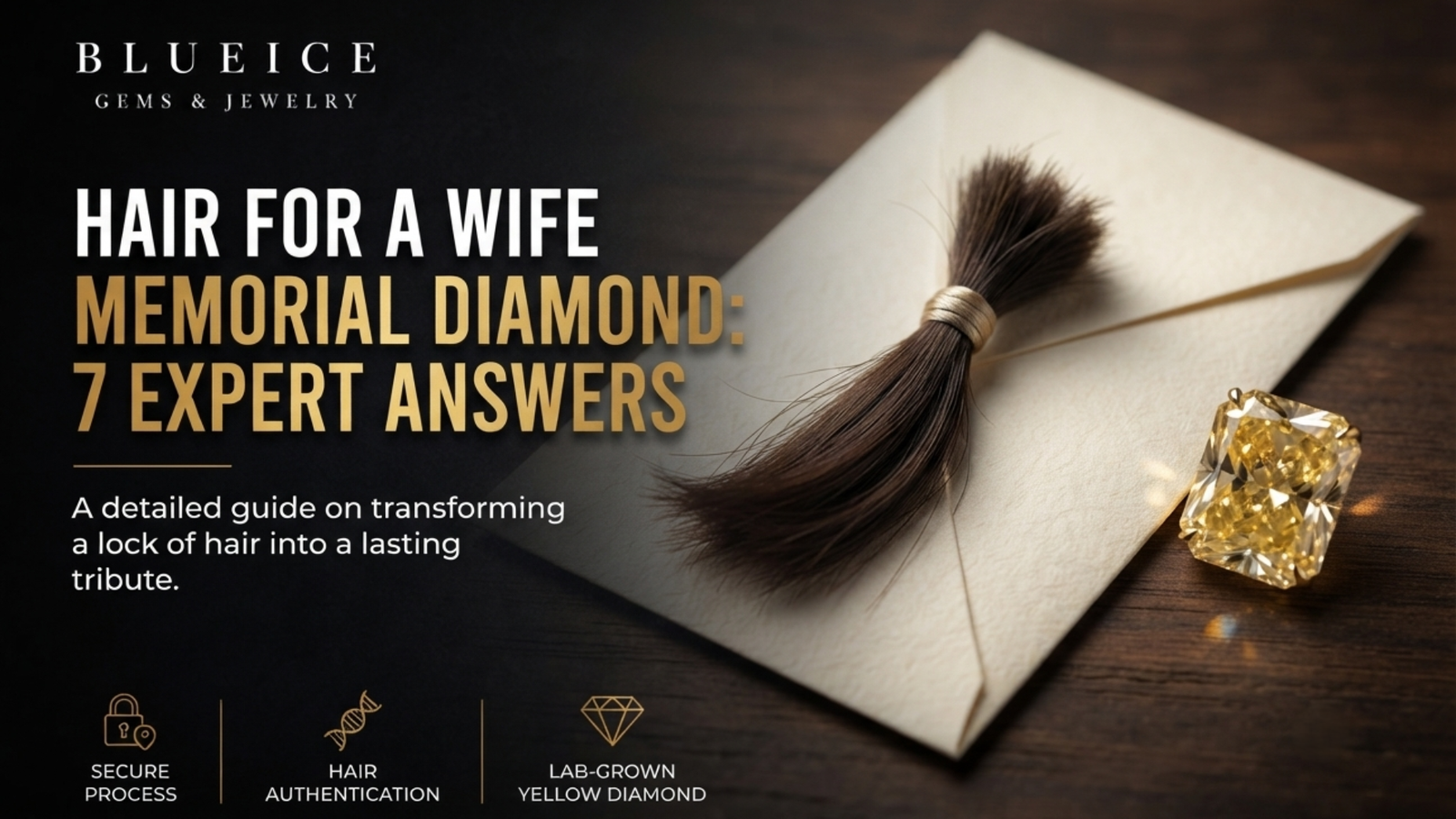 Hair for a wife memorial diamond: a small tied lock of hair on a paper envelope beside a loose yellow lab-grown diamond