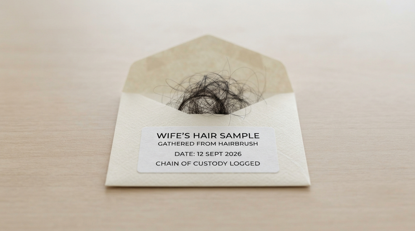 Loose strands gathered from a hairbrush placed in a labeled paper envelope
