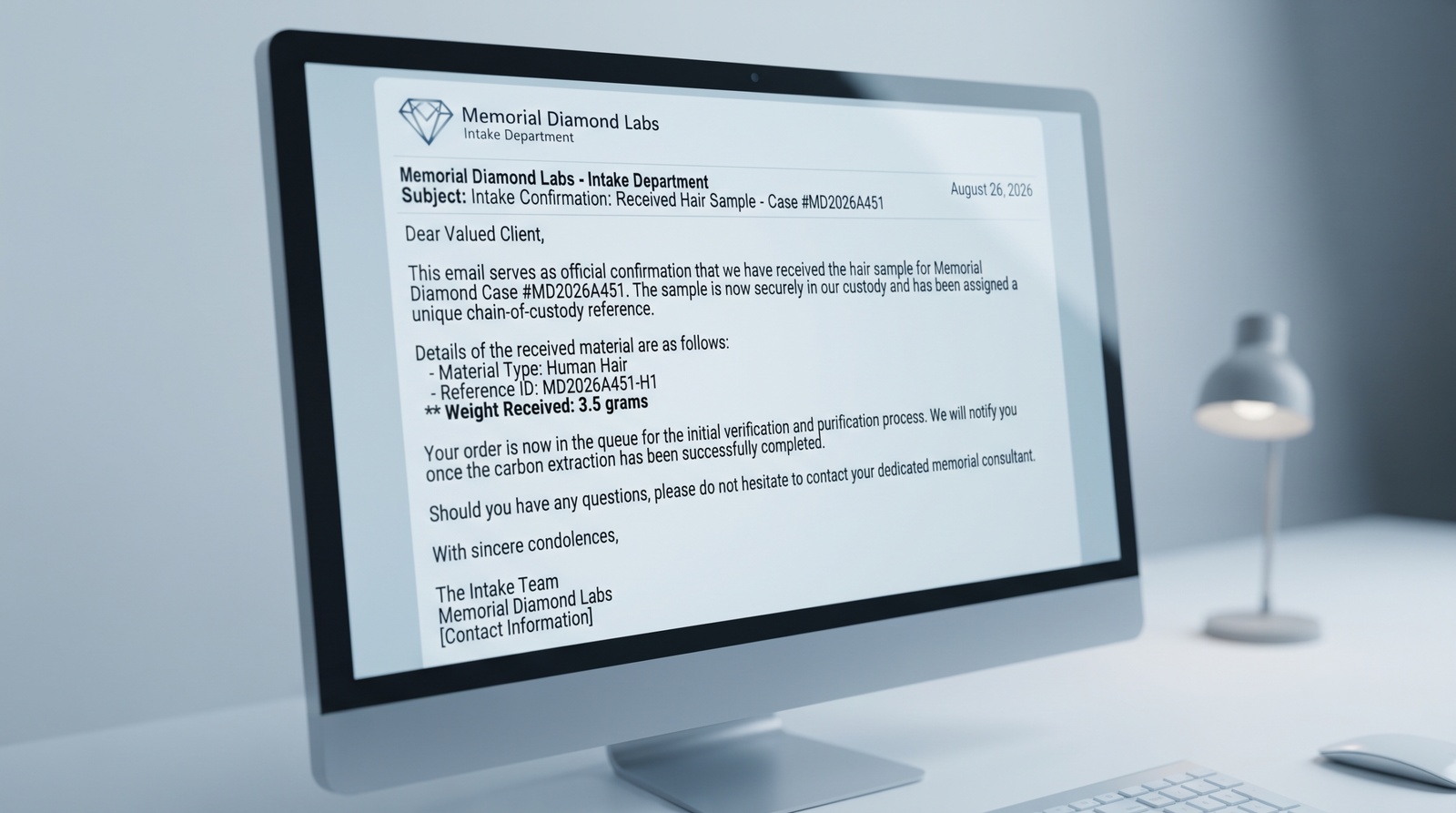 Intake confirmation email stating the weight of hair received, on a screen