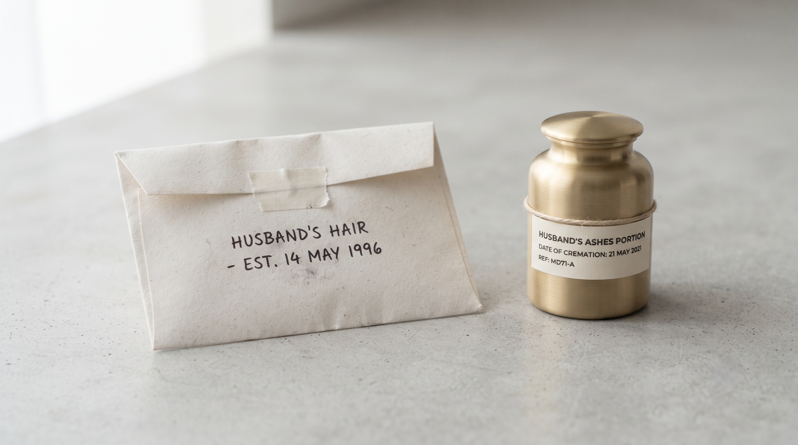 A lock of hair in a paper envelope with a handwritten date, next to a small labelled urn portion