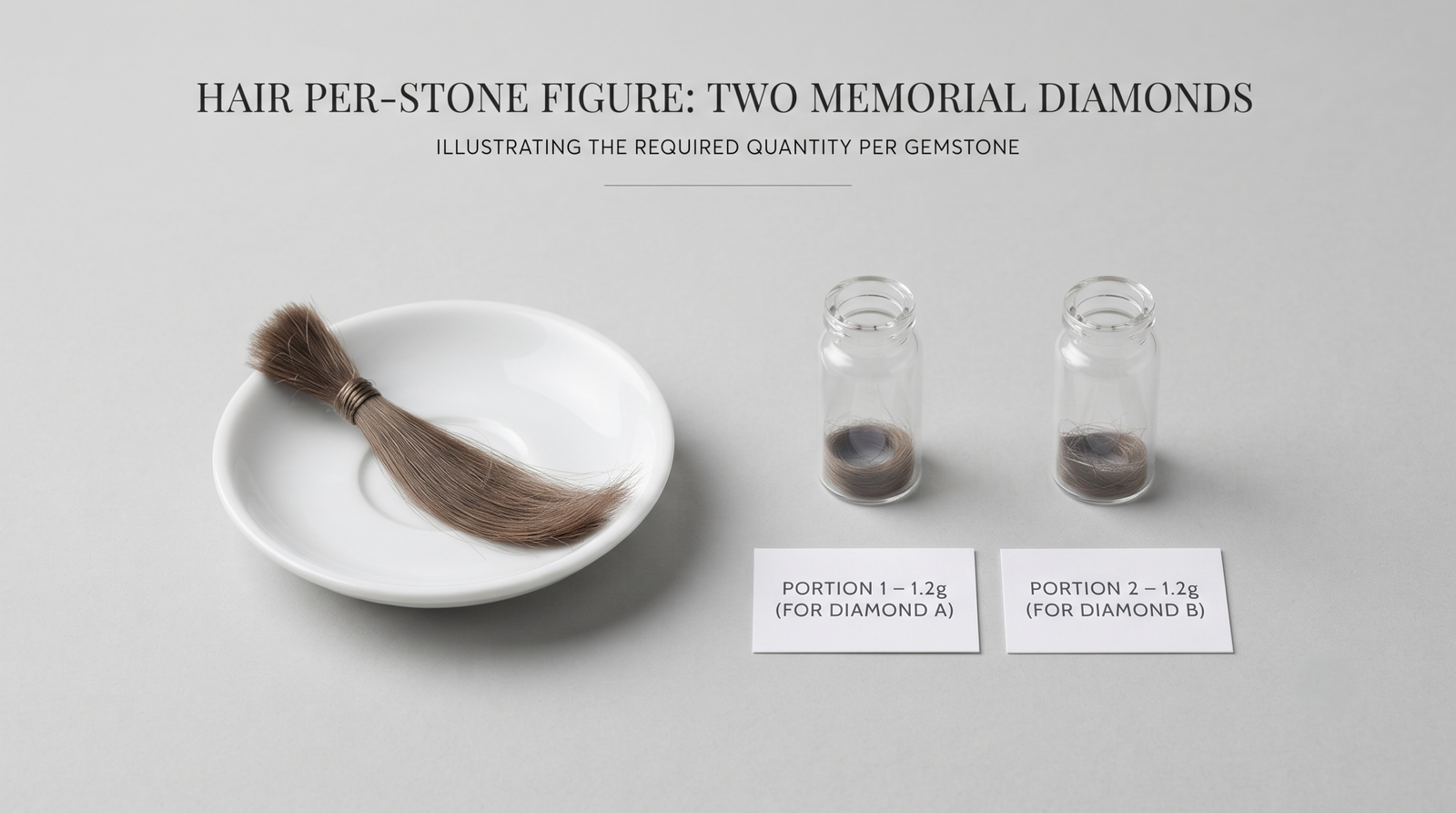 A single lock of hair laid beside two small labeled portions, illustrating the per-stone figure for two memorial diamonds