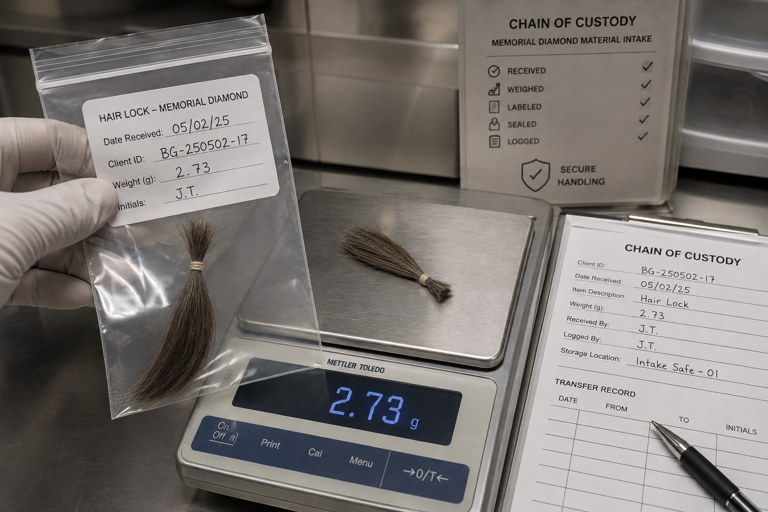 A labeled and sealed lock of hair being weighed and logged at laboratory intake